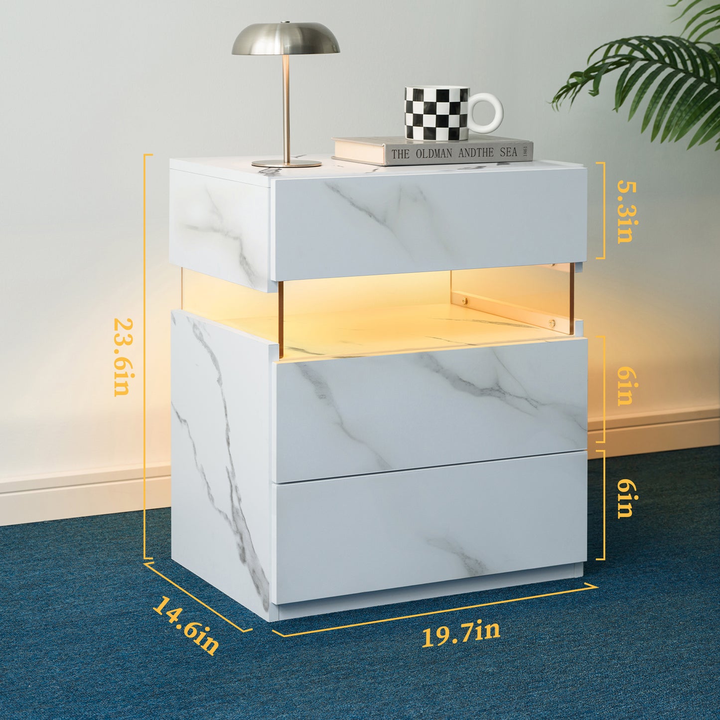LED Nightstands 3 Drawer Dresser For Bedroom End Table With Acrylic Board LED Bedside Tables White Stone