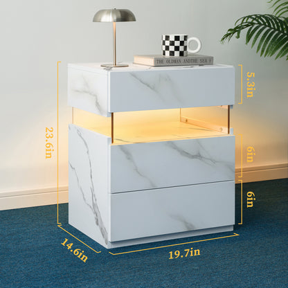 LED Nightstands 3 Drawer Dresser For Bedroom End Table With Acrylic Board LED Bedside Tables White Stone