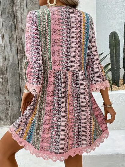 Lace Trim Printed V-Neck 3/4 Sleeve Dress