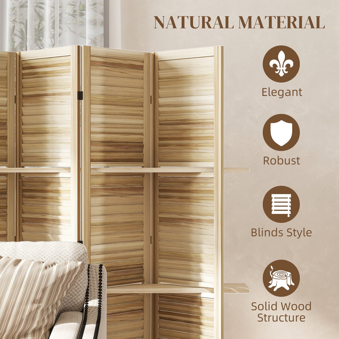 6 Panel 67" Tall Wood Privacy Screen Room Divider with 3 Shelves and Folding Storage for Bedroom, Natural Wood