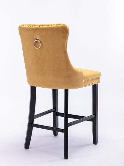 Contemporary Velvet Upholstered Barstools With Button Tufted Decoration And Wooden Legs, And Chrome Nailhead Trim, Leisure Style Bar Chairs,Bar Stools, Set Of 2 Golden,SW2002GL
