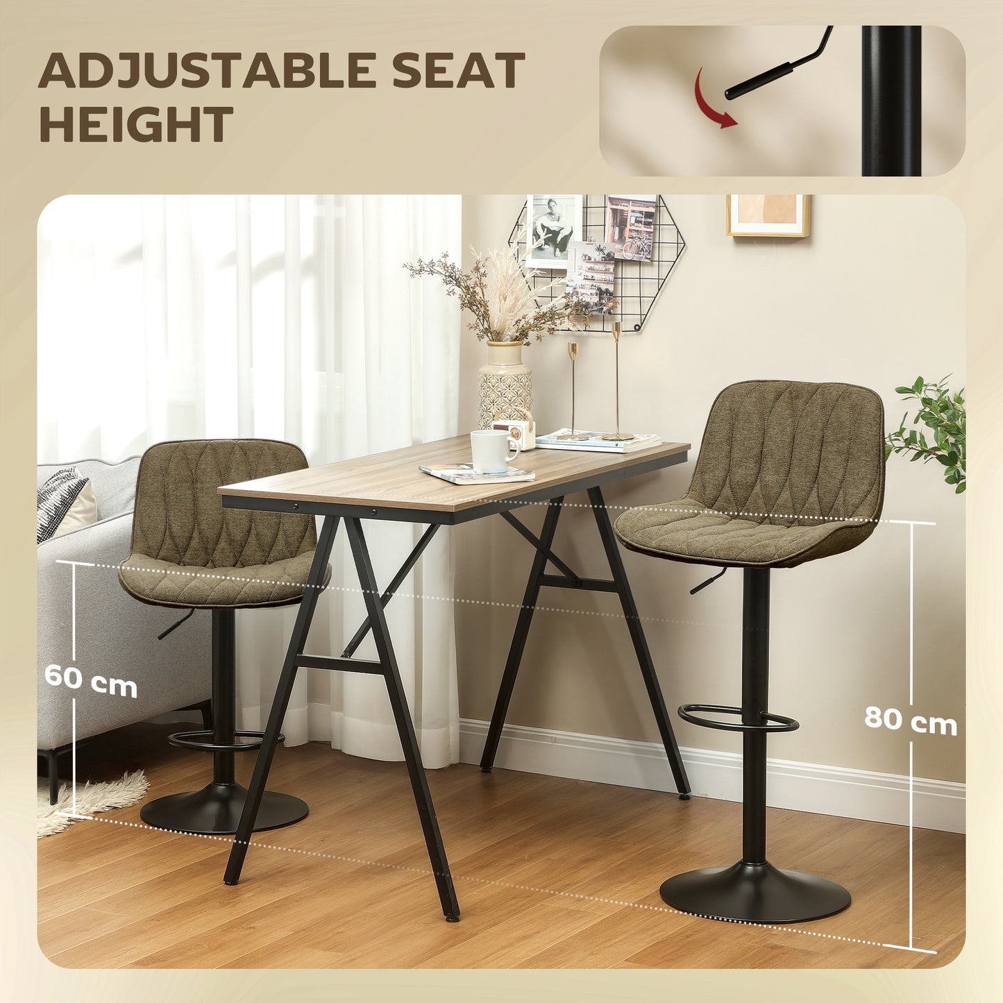 Set Of Two Linen-Look Bar Stools - Brown