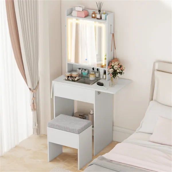 Vanity Table With LED Lighted Mirror, 2 Drop Leaf Extension & Built-in Charging Station-White