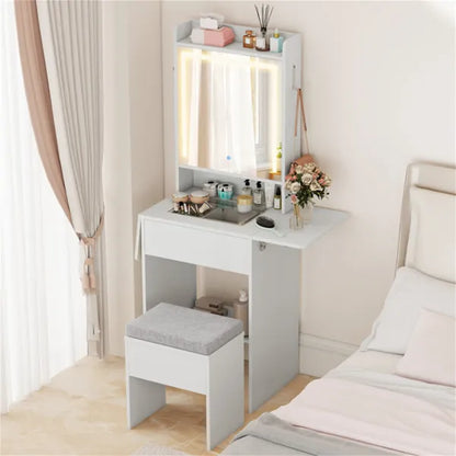 Vanity Table With LED Lighted Mirror, 2 Drop Leaf Extension & Built-in Charging Station-White