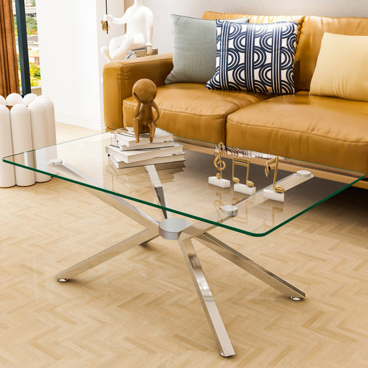 39.37  Rectangular Clear Tempered Glass Coffee Table,Stylish Design With Silver Metal Legs, Coffee Table For Living Room