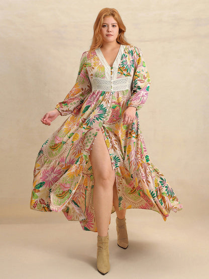 Plus Size Lace Detail Printed V-Neck Balloon Sleeve Dress