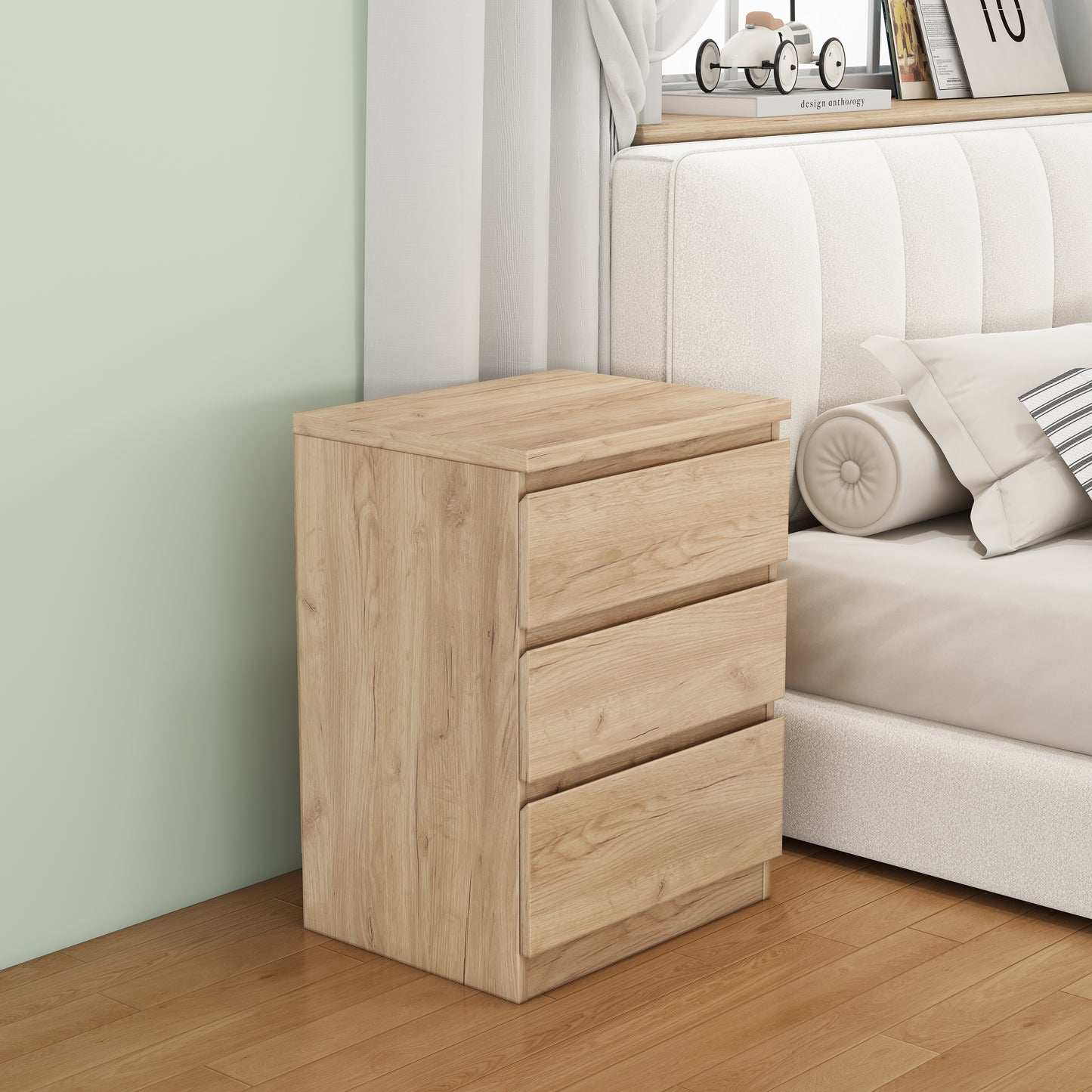 19.7-Inch Natural Nightstand With 3 Drawers, Beside Table With Drawers Handle Free Design,Thickened Top Plate,Small Side Table Storage Cabinet 3 Drawer Night Stand For Bedroom,Living Room