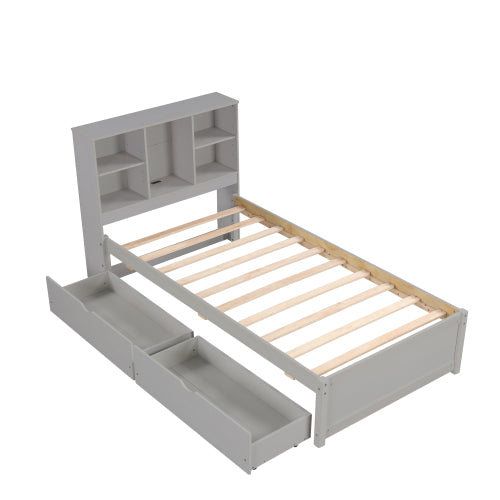Modern Twin Size Bed Frame With Built-in USB Port On Bookcase Headboard And 2 Drawers For Grey Color
