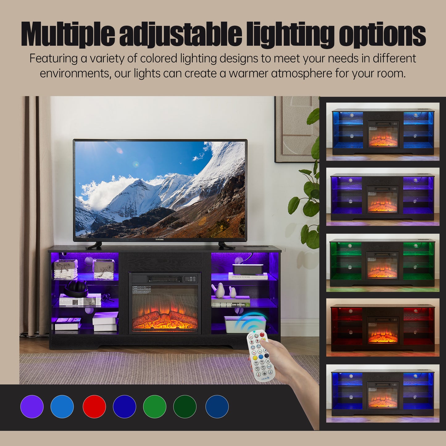 TV Stand Electric Fireplace TV Stand With Glass Shelves, 3D Fireplace TV Stand With LED Lights Wood With USB Charging Outlet Modern Television Table Center For TV Up To 32-62 Black 58Wx15.4Dx24.4