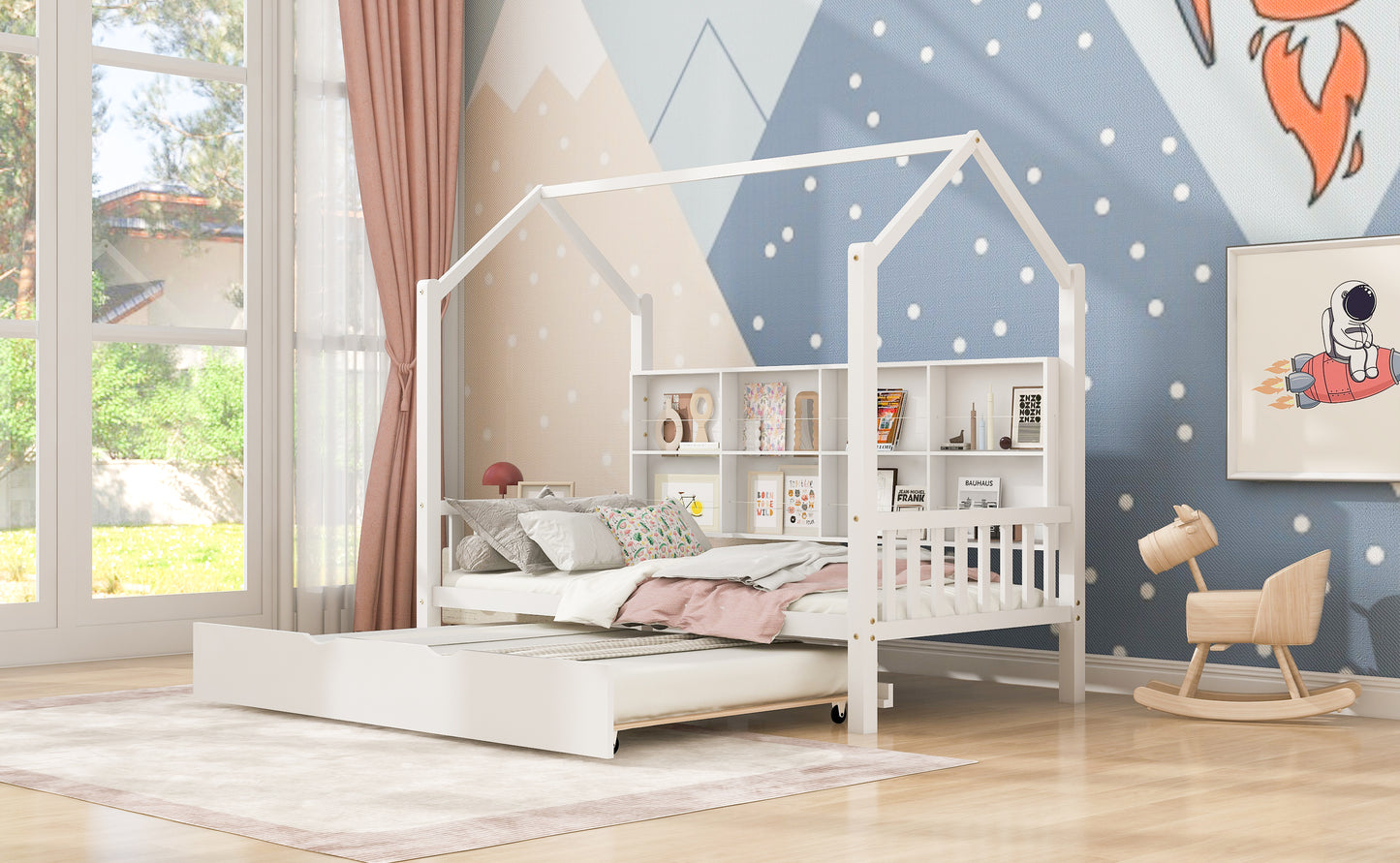 Wooden Twin Size House Bed With Trundle,Kids Bed With Shelf, White