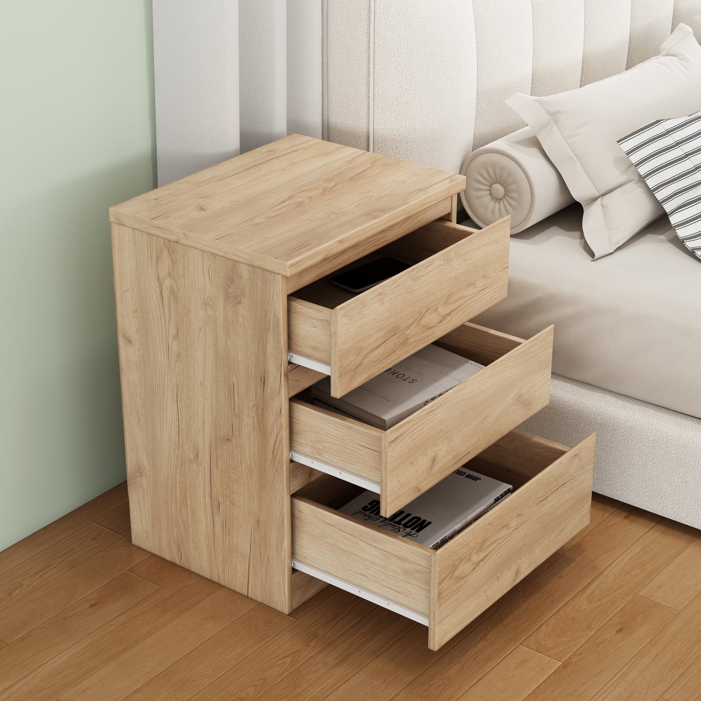 19.7-Inch Natural Nightstand With 3 Drawers, Beside Table With Drawers Handle Free Design,Thickened Top Plate,Small Side Table Storage Cabinet 3 Drawer Night Stand For Bedroom,Living Room