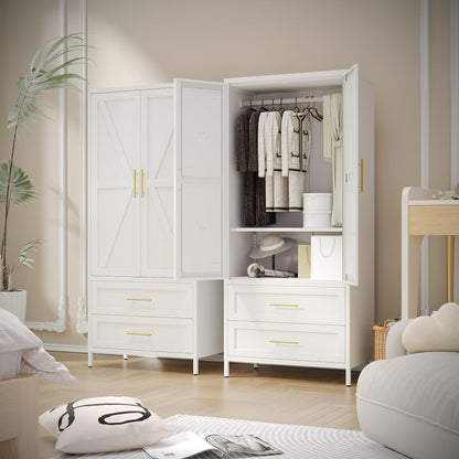 METAN Metal Wardrobe Closet With Doors,Armoire Wardrobe Closet With 2 Drawers For Bedroom,Assembly Required,White
