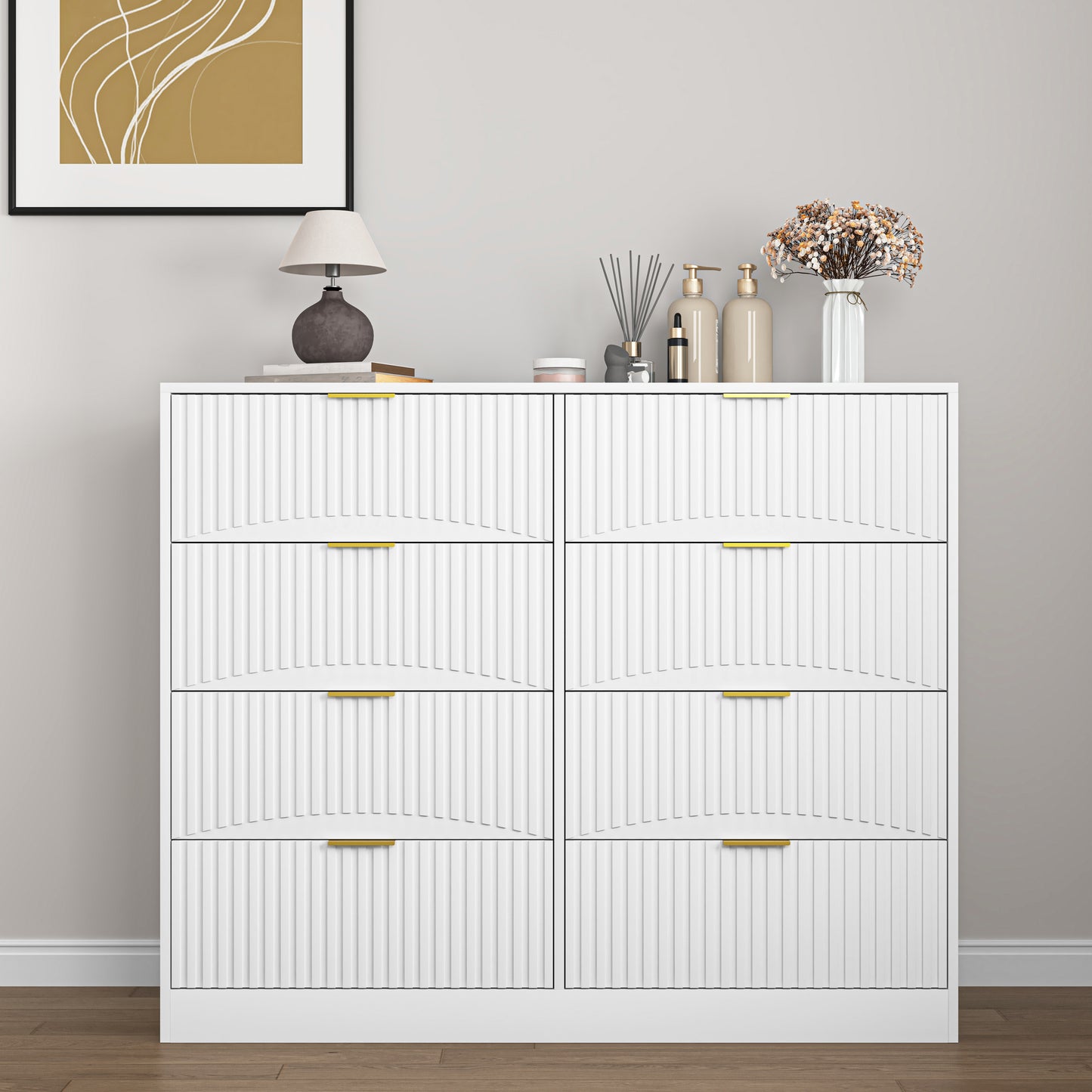 Modern 8 Drawers Dresser Chests For Bedroom,47.2 Wide Wood Chest Of Drawers With Gold Metal Handle,Drawer Organizer For Bedroom,Living Room,Hallway And Entryway,White