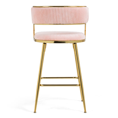 (SET Of 2) 26'' Counter Height Bar Stools Corduroy Kitchen Island Counter Bar Stool With Back,golden Chromed Base And Footrest (PINK)