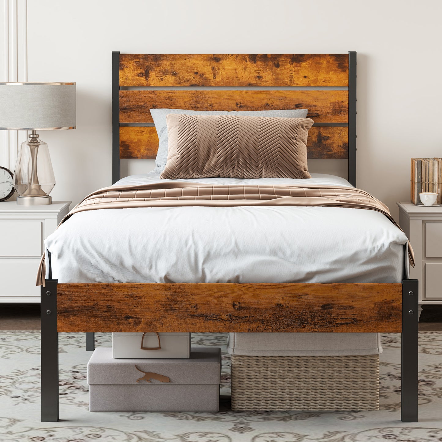 Metal Platform Bed Frame - Mattress Foundation With Headboard And Footboard