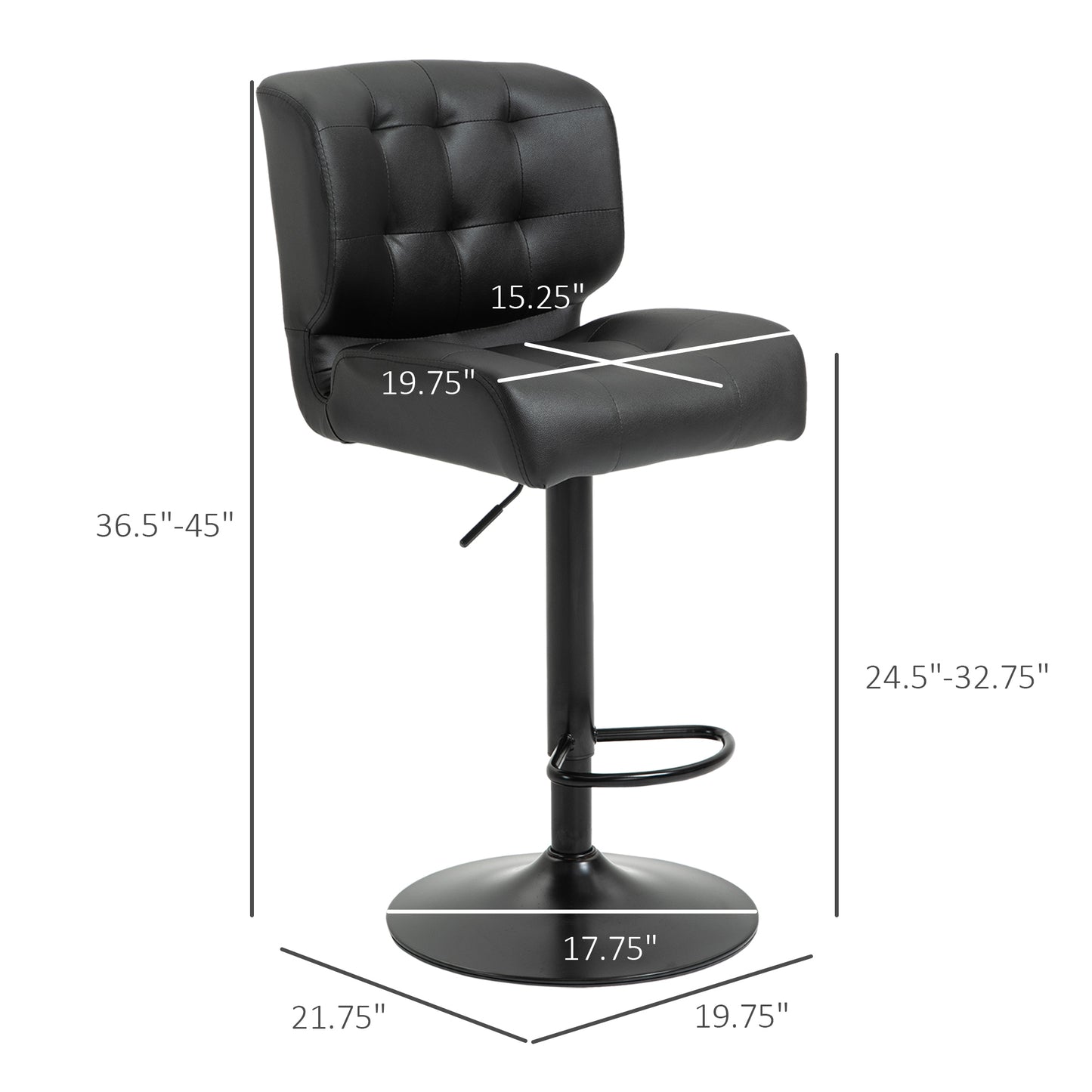Bar Height Bar Stools Set Of 2 With Adjustable Seat, Adjustable Swivel Barstools With Thick Padded Cushion And Metal Footrest For Home Bar, Black