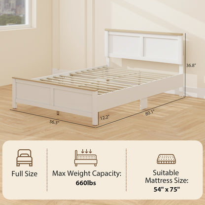 Full Bed Frame with Headboard, Modern Platform Bed Frame with Wooden Slats, No Box Spring Needed, Easy Assembly, White