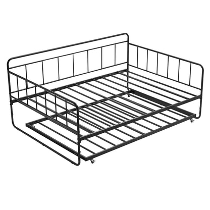 Full Size Daybed Frame, Day Bed With Trundle, Heavy Duty Metal Platform Bed Frame, Full Daybed With Metal Slats Support For Living Room, Bedroom, Guest Room, Easy Assembly, Black