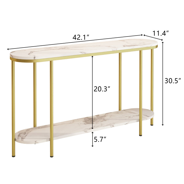 2-Tier Oval Console Table, White Faux Marble Top With Gold Metal Frame, Modern Entryway Table With Open Shelf, 42.1"×11.4"×30.5" Narrow Sofa Table For Hallway, Living Room & Foyer