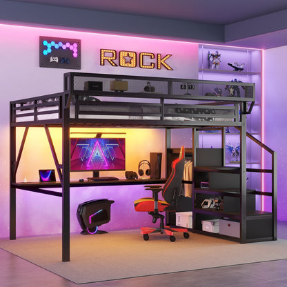 Queen Loft Bed With Desk And Charging Station, Queen Size Metal Loft Bed With Stairs And Light For Kids Teens, Black