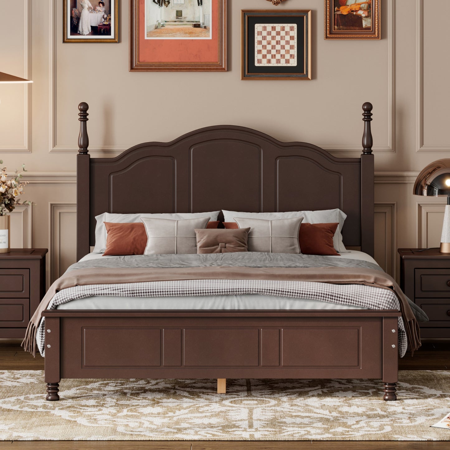 Full Size Wood Platform Bed Frame,Retro Style Platform Bed With Wooden Slat Support,Dark Walnut