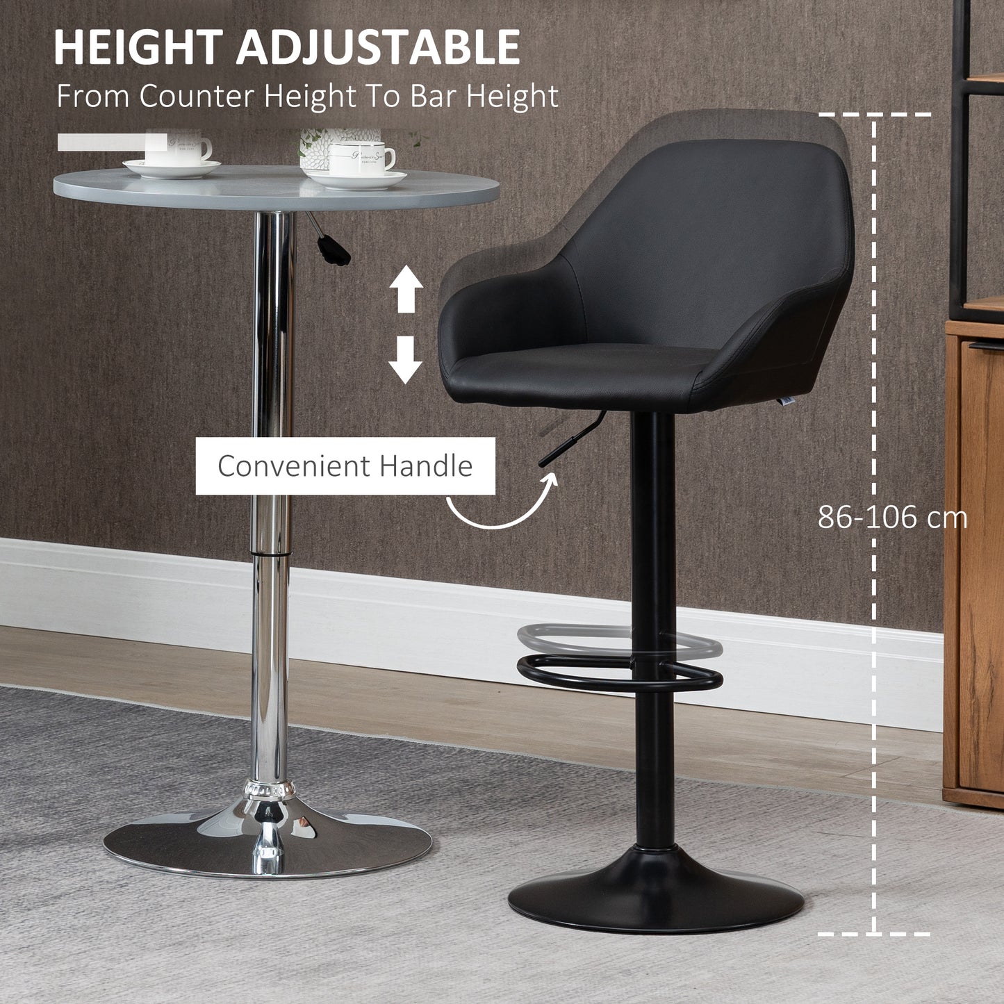 Bar Stools Set Of 2, Height Adjustable Swivel Barstools, PU Leather Kitchen Stools With Backs, Armrests And Footrest For Home, Counter And Dining Room, Black