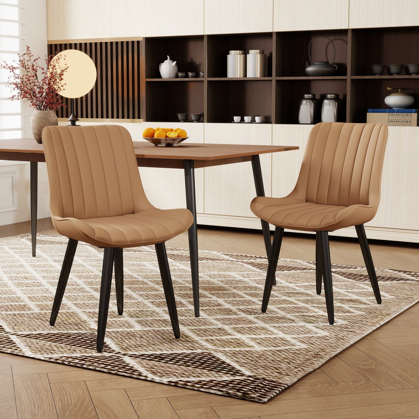 Set Of 2 Modern PU Leather Dining Chairs With Thick Cushions & Metal Legs, Armless Faux Leather Side Chairs For Kitchen, Dining Room
