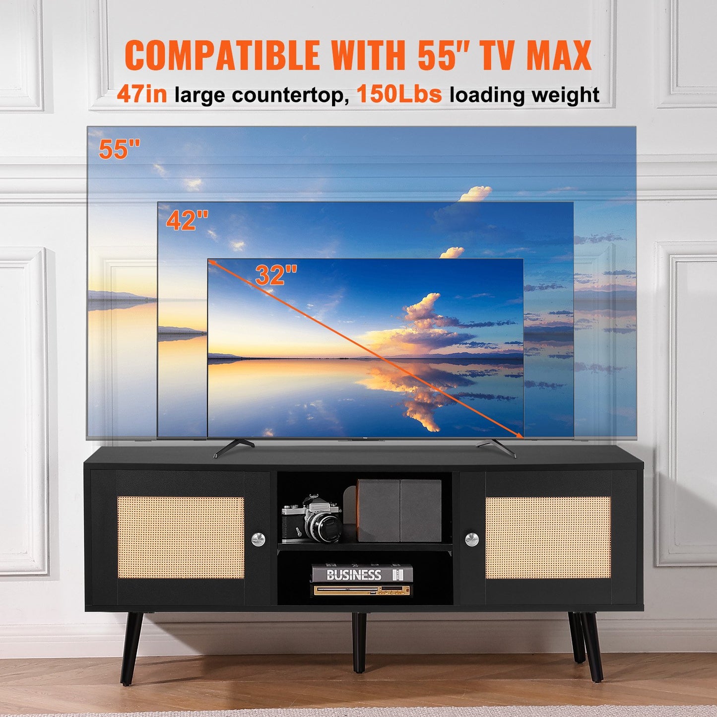 Rattan TV Stand, Boho TV Cabinet For 55 Inch TV, Mid Century Modern TV Stand, Rattan TV Console With Adjustable Shelfs For  Living Room, Media Room, Black