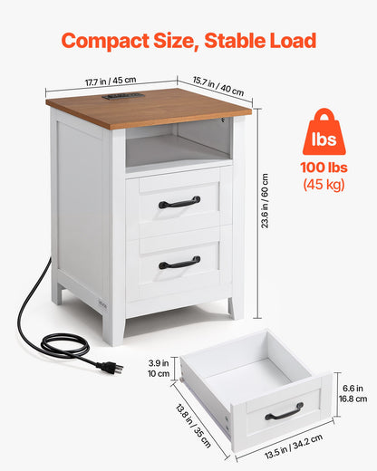 Farmhouse Nightstand, With Charging Station, End Table With 2 Drawers And Open Shelf, Bedside Storage Cabinet, Rustic Side Table With USB Port And AC Outlets, For Bedroom, Living Room, White