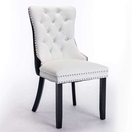 A&A Furniture,Nikki Collection Modern,High-end Tufted Solid Wood Contemporary PU And Velvet Upholstered Dining Chair With Wood Legs Nailhead Trim  2 Pcs Set,White Black