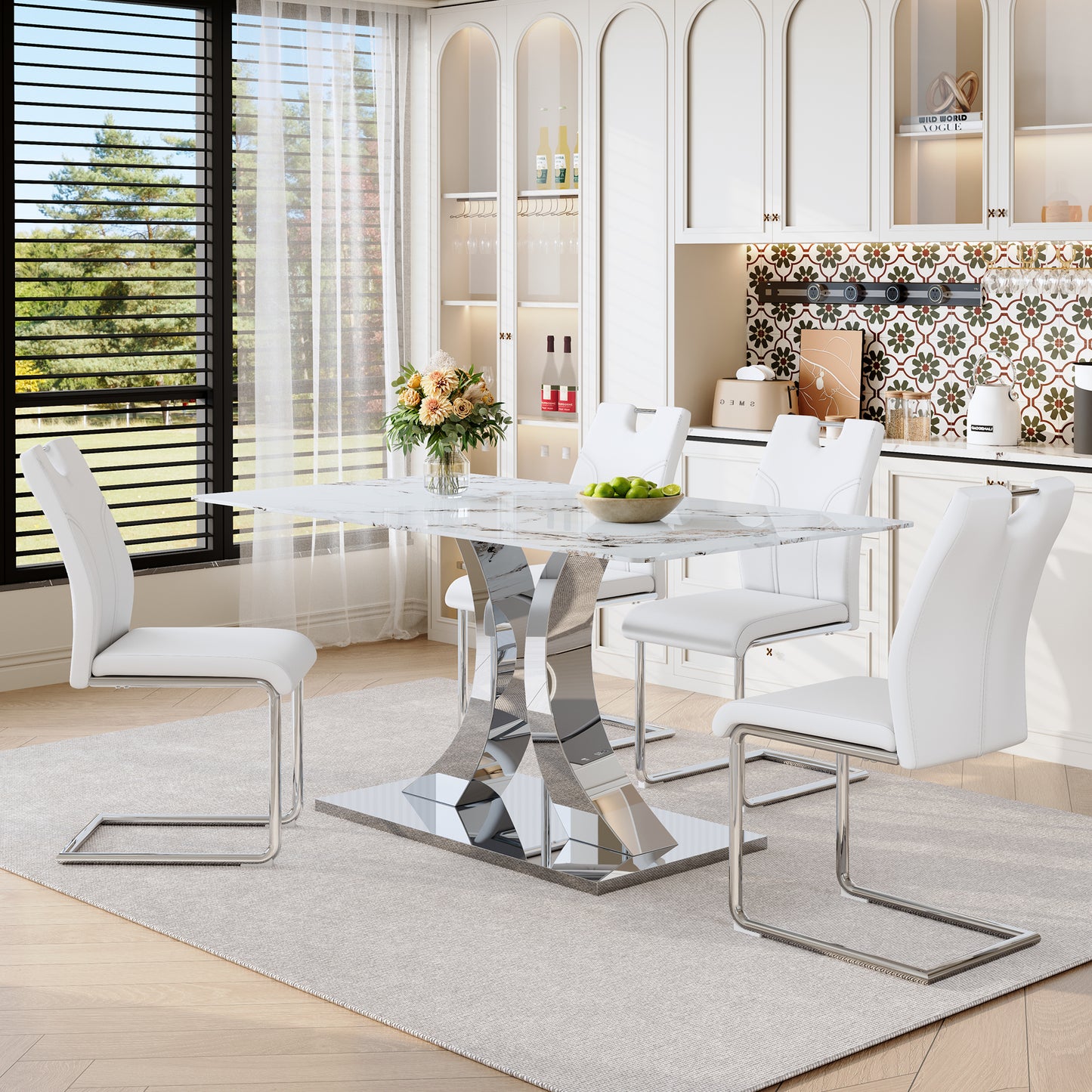 Luxury Modern 63-inch Dining Table Set With 4 Upholstered Chairs, White Tempered Glass Rock Top & Adjustable Stainless Steel Base, Convertible Table For Multiple Diners, Fashion Home Furniture