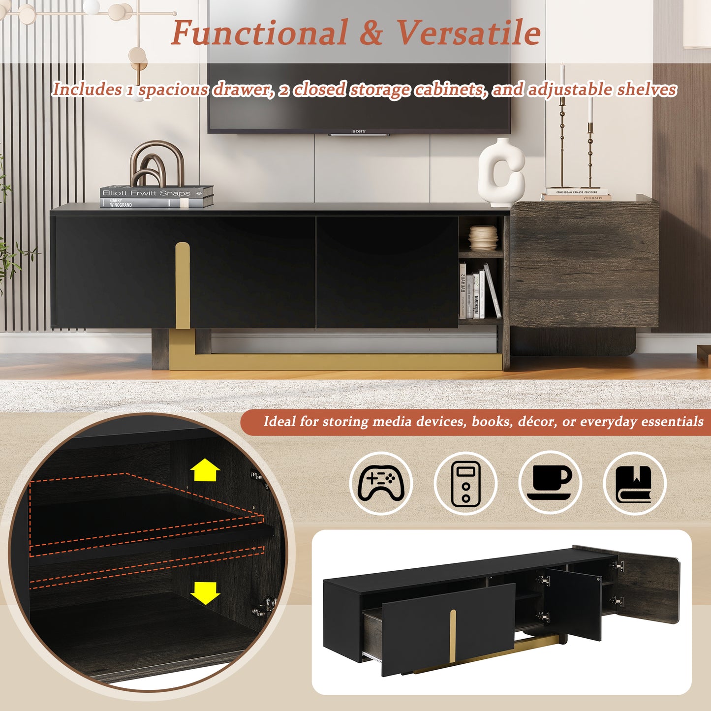 VIBE HAUS  66.7 Light Luxury TV Stand For TVs Up To 70 Inches, Modern TV Cabinet With Metal Legs, 1 Drawer, 2 Cabinets And Adjustable Shelves For Living Room