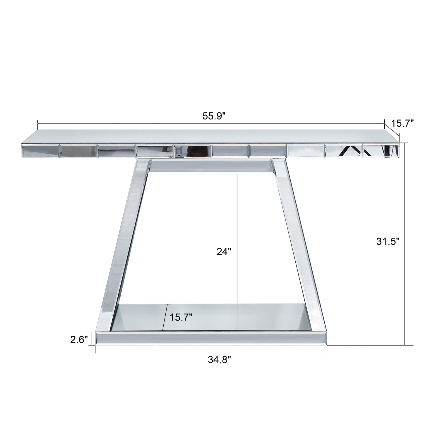 55.9 Modern Luxe Full-Body Mirror Entryway Table With Trapezoid Base -360 Reflective Console Table, Sturdy Wooden Frame, Scratch-Resistant Design & Open Storage For Hallway, Living Room, Staircase