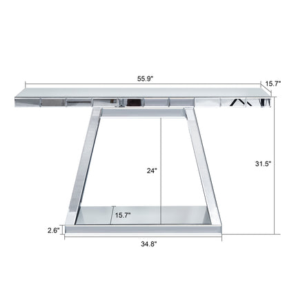 55.9 Modern Luxe Full-Body Mirror Entryway Table With Trapezoid Base -360 Reflective Console Table, Sturdy Wooden Frame, Scratch-Resistant Design & Open Storage For Hallway, Living Room, Staircase