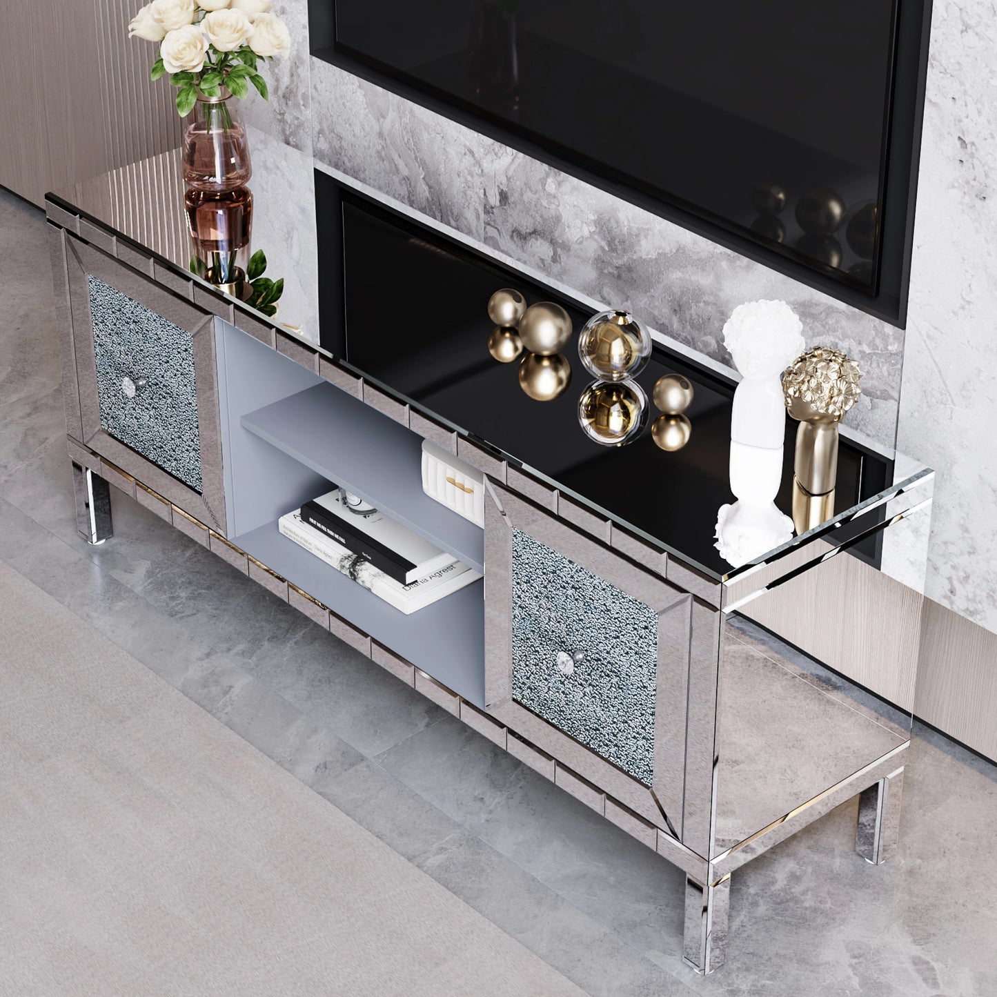 60 Mirrored TV Stand With Crushed Diamond Glass Doors - Modern Media Entertainment Center For Living Room, Adjustable Storage TV Console Table For 65-Inch TV
