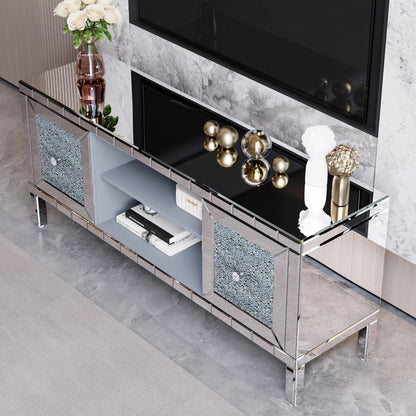 60 Mirrored TV Stand With Crushed Diamond Glass Doors - Modern Media Entertainment Center For Living Room, Adjustable Storage TV Console Table For 65-Inch TV