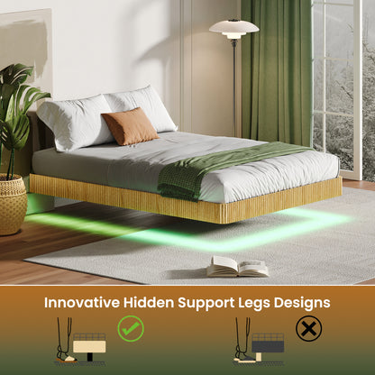 Oak Queen Floating Bed Frame With LED Lights, Wave Curve Wood Texture Bed With Heavy Duty Metal Slats - No Box Spring Needed.