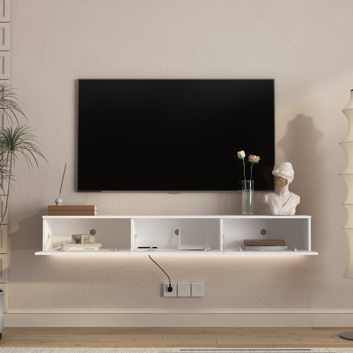Floating TV Stand Wall Mounted With 16 Color LEDs,65inch Modern TV Stand, Floating TV Cabinet Entertainment Center For 55 60 65 Inch TV