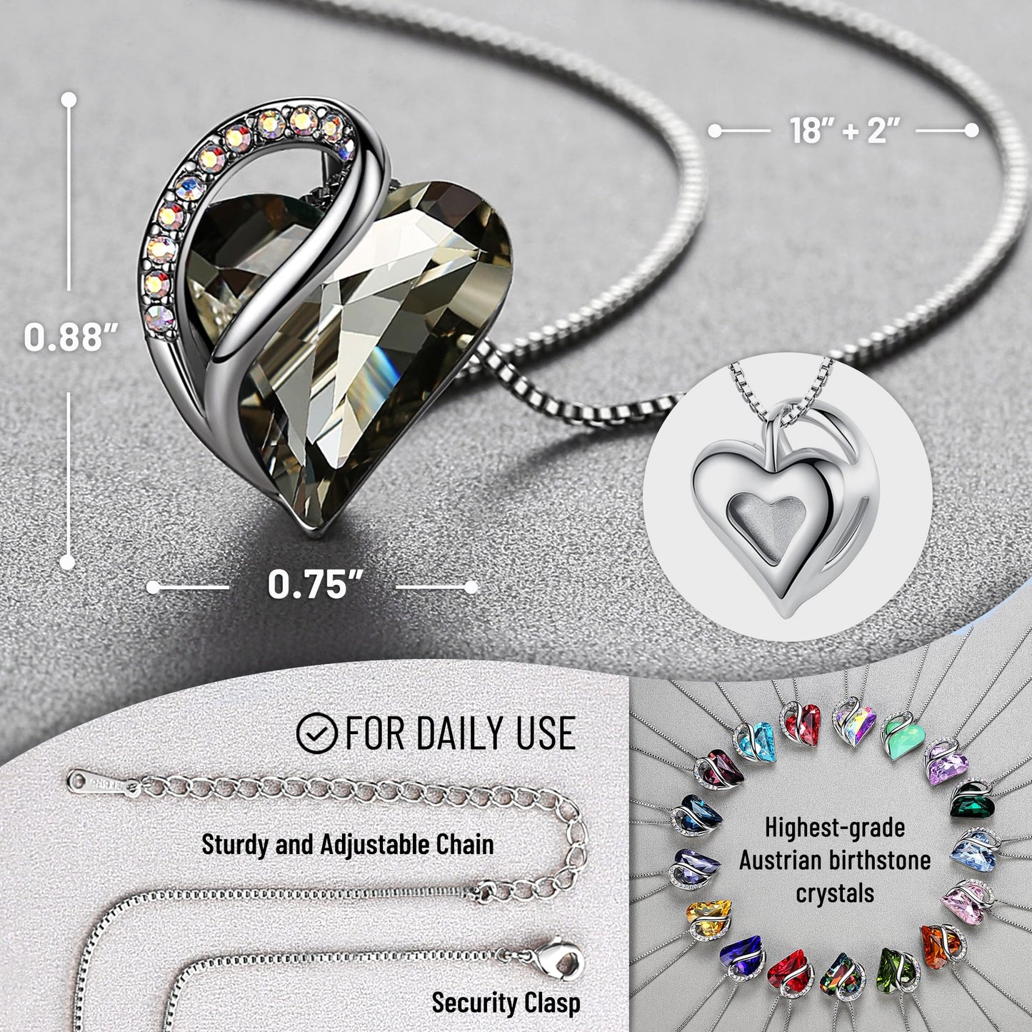 Infinity Love Birthstone Heart Necklace - 18K White Gold Plated Crystal Pendant Gift for Women