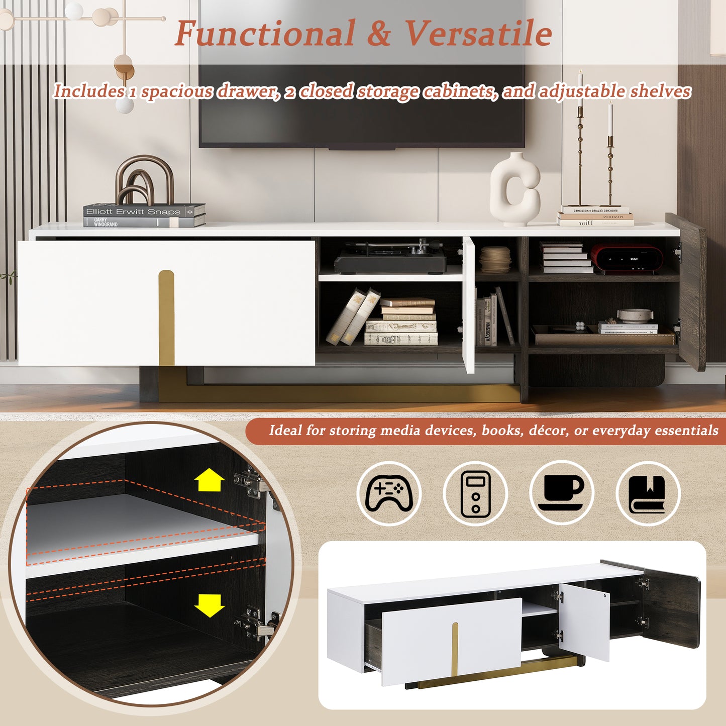 VIBE HAUS  66.7 Light Luxury TV Stand For TVs Up To 70 Inches, Modern TV Cabinet With Metal Legs, 1 Drawer, 2 Cabinets And Adjustable Shelves For Living Room