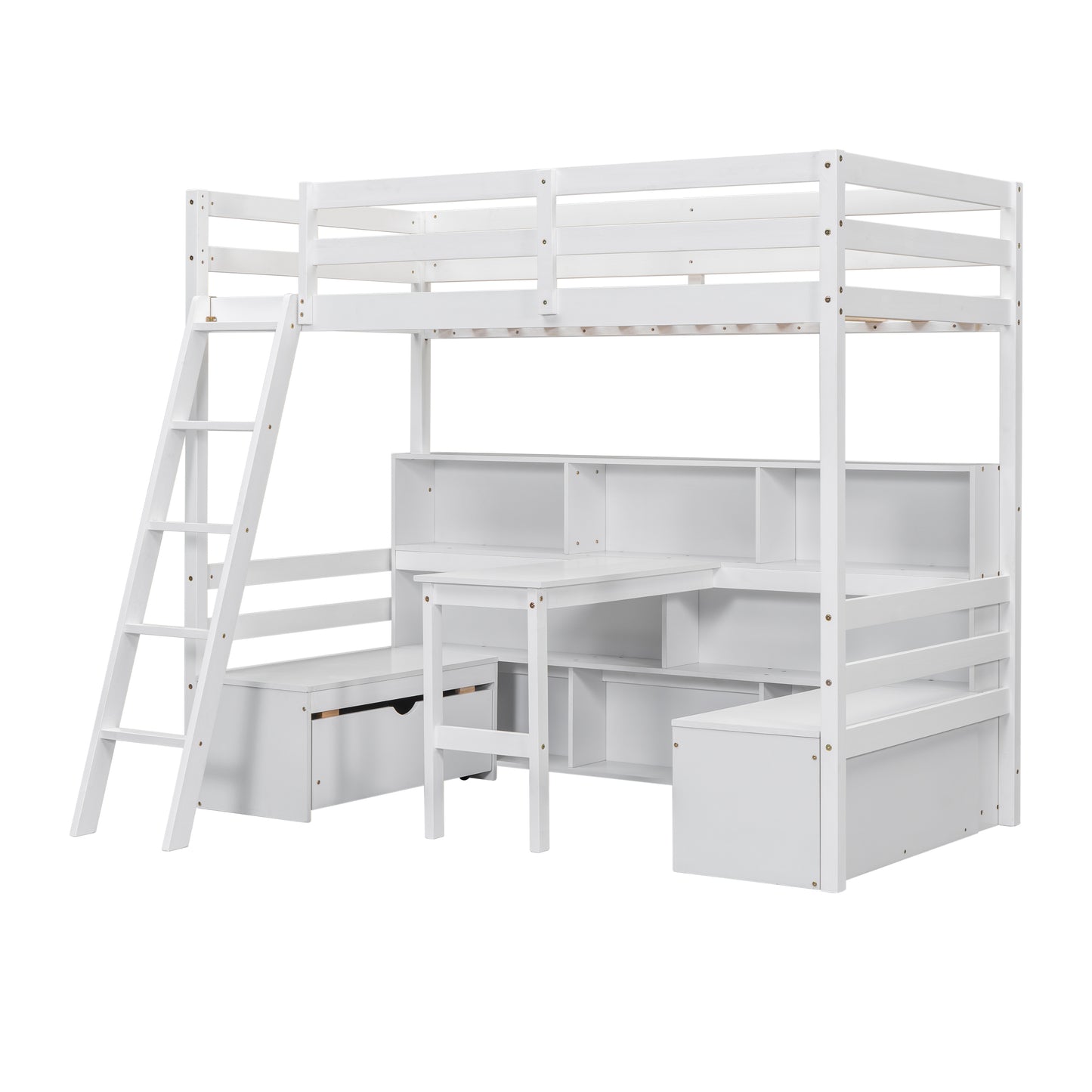 Twin Loft Bed With Storage Shelves, Drawers, Seat And Desk For White Color