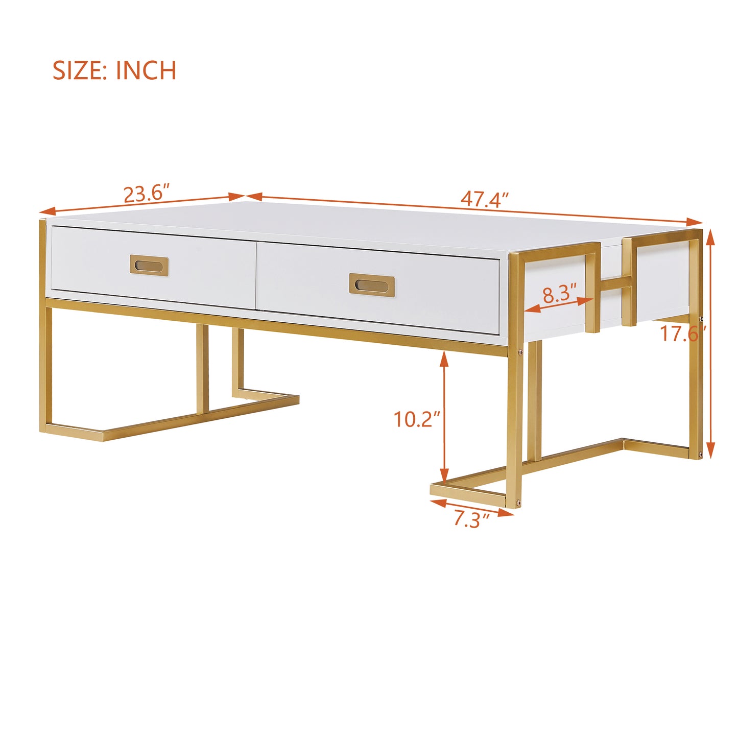 Modern White Rectangular Coffee Table With 4 Drawers And Gold Base In 47.3