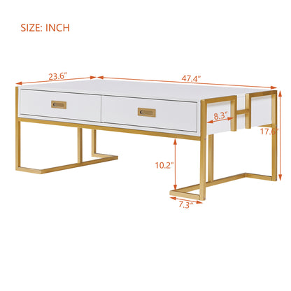 Modern White Rectangular Coffee Table With 4 Drawers And Gold Base In 47.3