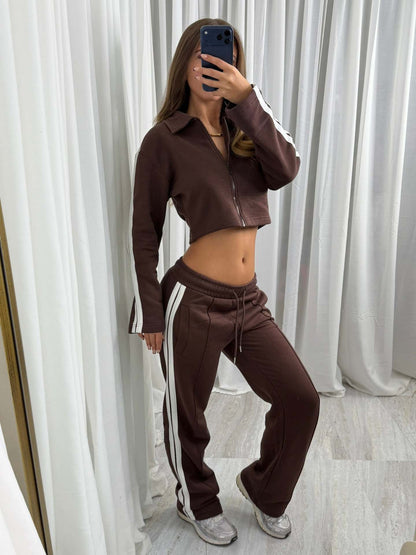 Womens Casual Sportswear Set Sweatpants And A Lapel-top Blouse