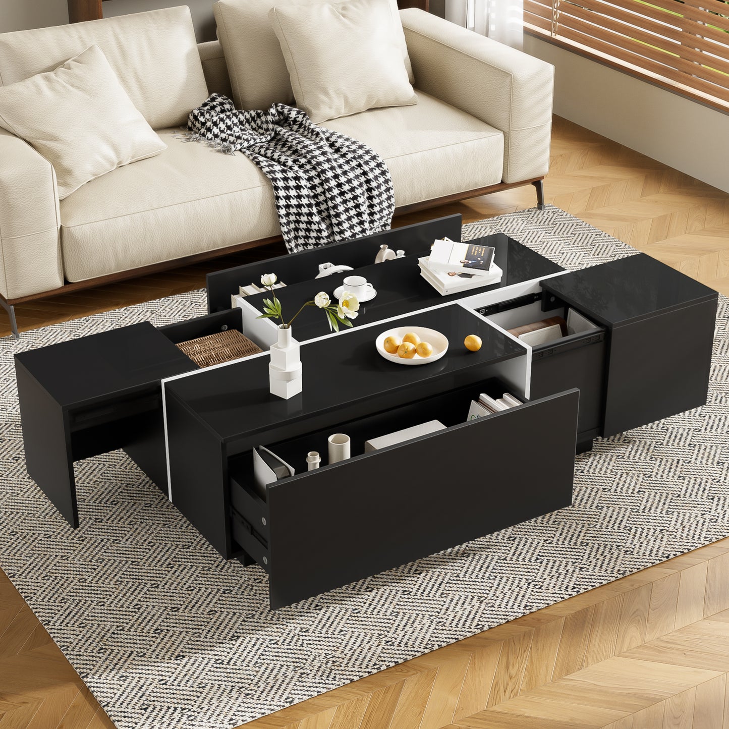U-Can 47.2 -72.7  Extendable Coffee Table, Multi-Functional Coffee Table With High-Gloss Finish, Coffee Table With 2 Hidden Storage Space And 2 Drawers For Living Room