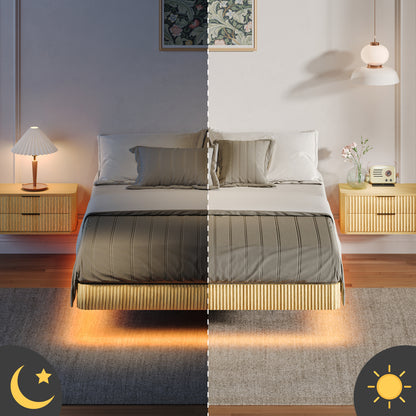 Oak Queen Floating Bed Frame With LED Lights, Wave Curve Wood Texture Bed With Heavy Duty Metal Slats - No Box Spring Needed.