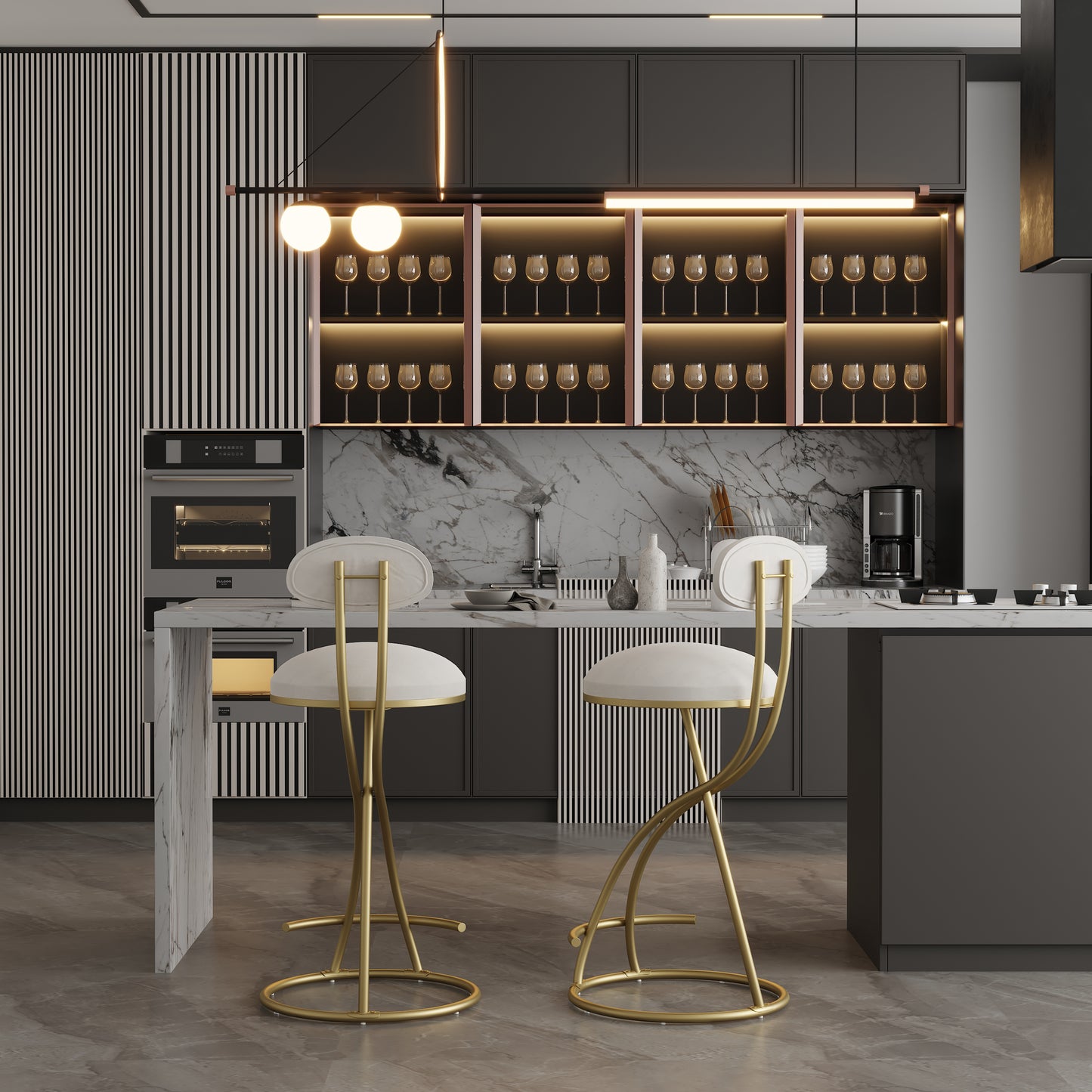 Round Bar Stool Armless Velvet Barstools With Back Set Of 2 Upholstered Counter Chair For Dining Room, Kitchen Island Gold  Creamy White