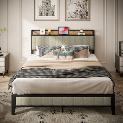 Full Size Bed Frame With Charging Station, Upholstered Headboard, Metal Platform, Grey