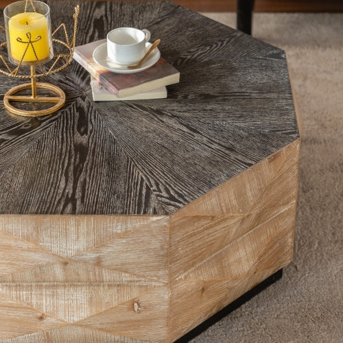 Octagon Coffee Table,38 Retro Style Wood Center Table With Three-Dimensional Embossed Pattern,Rustic Cocktail Table Center Large Circle Coffee Table For Living Room Home
