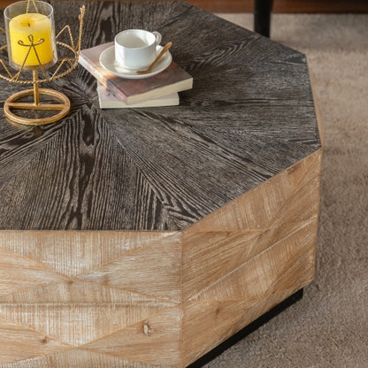 Octagon Coffee Table,38 Retro Style Wood Center Table With Three-Dimensional Embossed Pattern,Rustic Cocktail Table Center Large Circle Coffee Table For Living Room Home